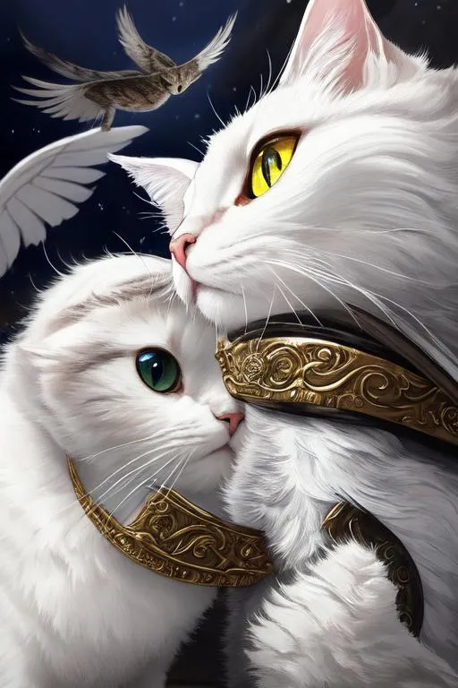 Prompt: 4 winged cat, 4 eyes, (masterpiece), (best quality:1.2), (intricate detail), dynamic angle, looking at viewer, (1male), ((solo)), (((full body))), (slender), (((tabaxi))), (((white fur))), ((blue pupils)), (((light armor))), black armor, ((cloak)), mysterious, ((ominous expression))