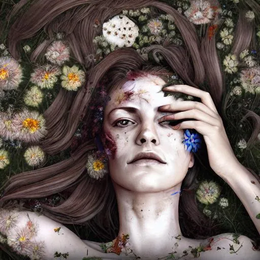 Prompt: portrait of woman laying down, she has smooth soft skin and beautiful hair, decaying flowers surround her, symmetrical and detailed, concept art, digital painting, looking into camera, theme of decay and death 