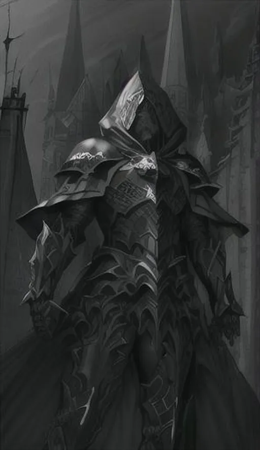 Prompt: a black and white photo a closeup of a single hooded armored cleric man standing on a building in an ancient gothic city, dark fantasy, drawn by Anthony Chong Jones, centered, intricate, elegant, masterpiece, highly detailed, concept art, smooth, sharp focus, character design, gothic, by Shi Zhonggui, art style of marc simonetti, necromancy, intricate depth and detail, character centered on image