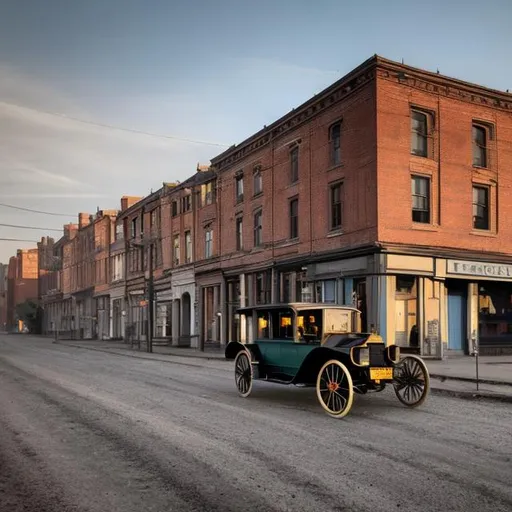 Prompt: Early tall 1900s buildings road old 1930 black ford car high resolution 4k daytime nice weather light blue sky 