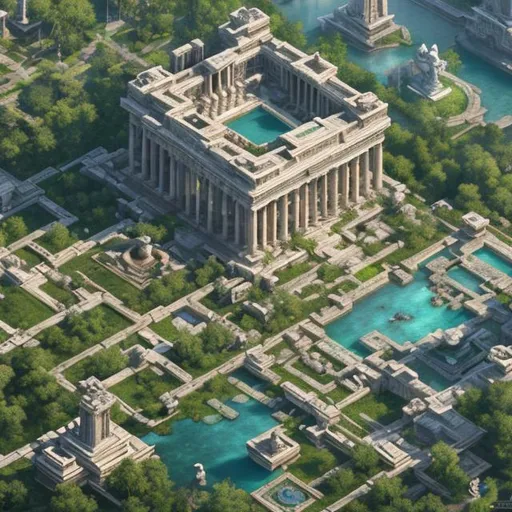 Prompt: Aerial shot of a huge gigantic building with several fountains in front of it, highly detailed cgsociety, fallen columns, very detailed paradise, hestia, wearing white robes!, in stunning digital paint, ultrarealism oil painting, garden utopia, videogame render, artists rendition