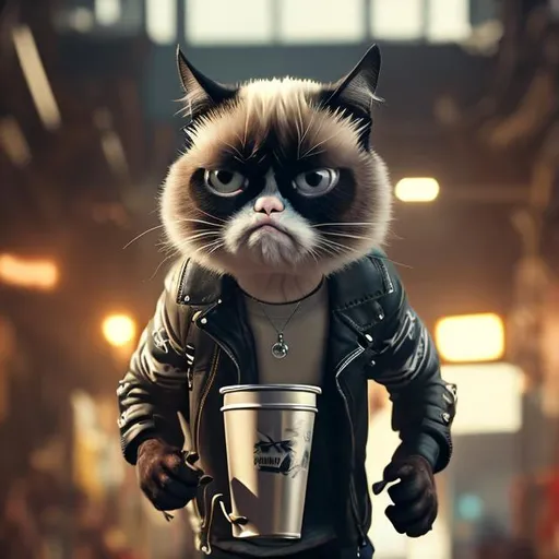 Prompt:  Grumpy Cat, anthropomorph, trending artstation hq, stylized, in bikers gear, holding a cup of coffee, coming towards me, puzzled look, symmetry, modeled lighting, expressive, studio photo refined, highly detailed, hyper realistic, depth of field 8k