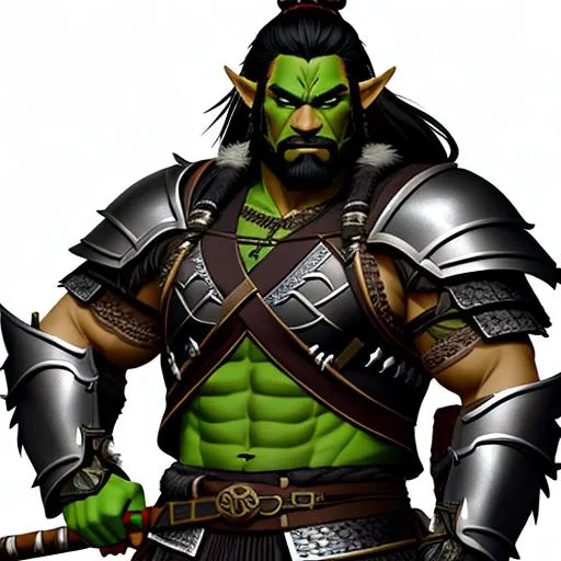 Prompt: A green skin Orc half Elf hybrid ranger with many scars on his body and with large bottom canines, wielding a shortbow, wearing ancient japanese style chainmail and hide armor with a fur tunic underneath. black japanese style ponytail, short black beard. highly detailed, symmetrical.