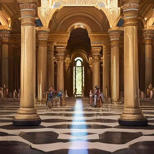 Prompt: inside a massive greek temple, covered in pillars and sculptures, D&D, highly detailed, digital painting, concept art, sharp focus, illustration, art by artgerm and greg rutkowski and alphonse mucha