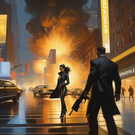 Prompt: First person shooter, Deus Ex, female protagonist, explosions, New York, cartoony, cold night atmosphere, extremely detailed painting by Greg Rutkowski and by Henry Justice Ford and by Steve Henderson
