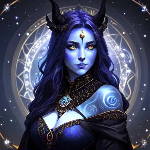 Prompt: A beautiful D&D Circle of Stars Druid, full body character portrait, dark fantasy, detailed, realistic face, digital portrait, fiverr dnd character. Of a beautiful Tiefling woman of 27 years old, with blue skin, tattoos of stars on her face and hands, one eye of black with an iris of a white cross. She is wearing a witch's robe and Hat with the underside of the Hat having a star constellation on it. Leather armor and Amethyst Cloak A dazzling purple and black sewed cloak studded with amethyst gems.