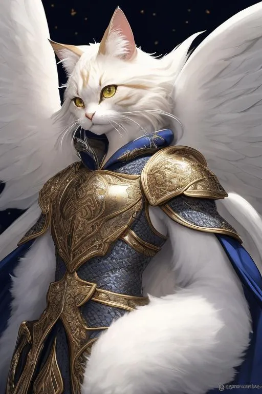 Prompt: 4 winged cat, 4 eyes, (masterpiece), (best quality:1.2), (intricate detail), dynamic angle, looking at viewer, (1male), ((solo)), (((full body))), (slender), (((tabaxi))), (((white fur))), ((blue pupils)), (((light armor))), black armor, ((cloak)), mysterious, ((ominous expression))