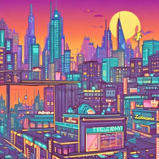 Prompt: Picture a modern, bustling city with tall skyscrapers, bathed in the warm hues of a setting sun. Neon signs light up the city, and instead of cars or drones, there are unicorns in the sky, each carrying a pizza box. Perhaps a few are delivering pizzas to rooftop parties!