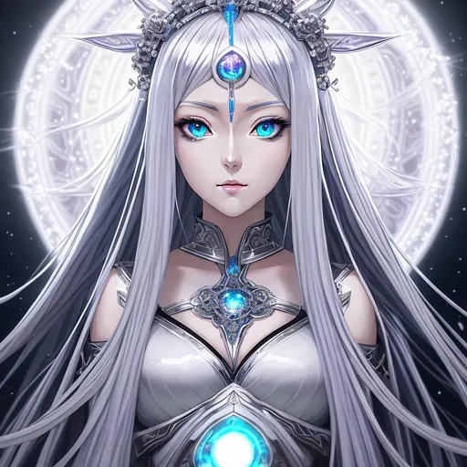 Prompt: anime portrait of a İce goddess   , anime eyes, beautiful intricate bright silver-white colored and glowing hair, shimmer in the air, symmetrical, in re:Zero style, concept art, digital painting, looking into camera, square image , 4K , 8K , 16K