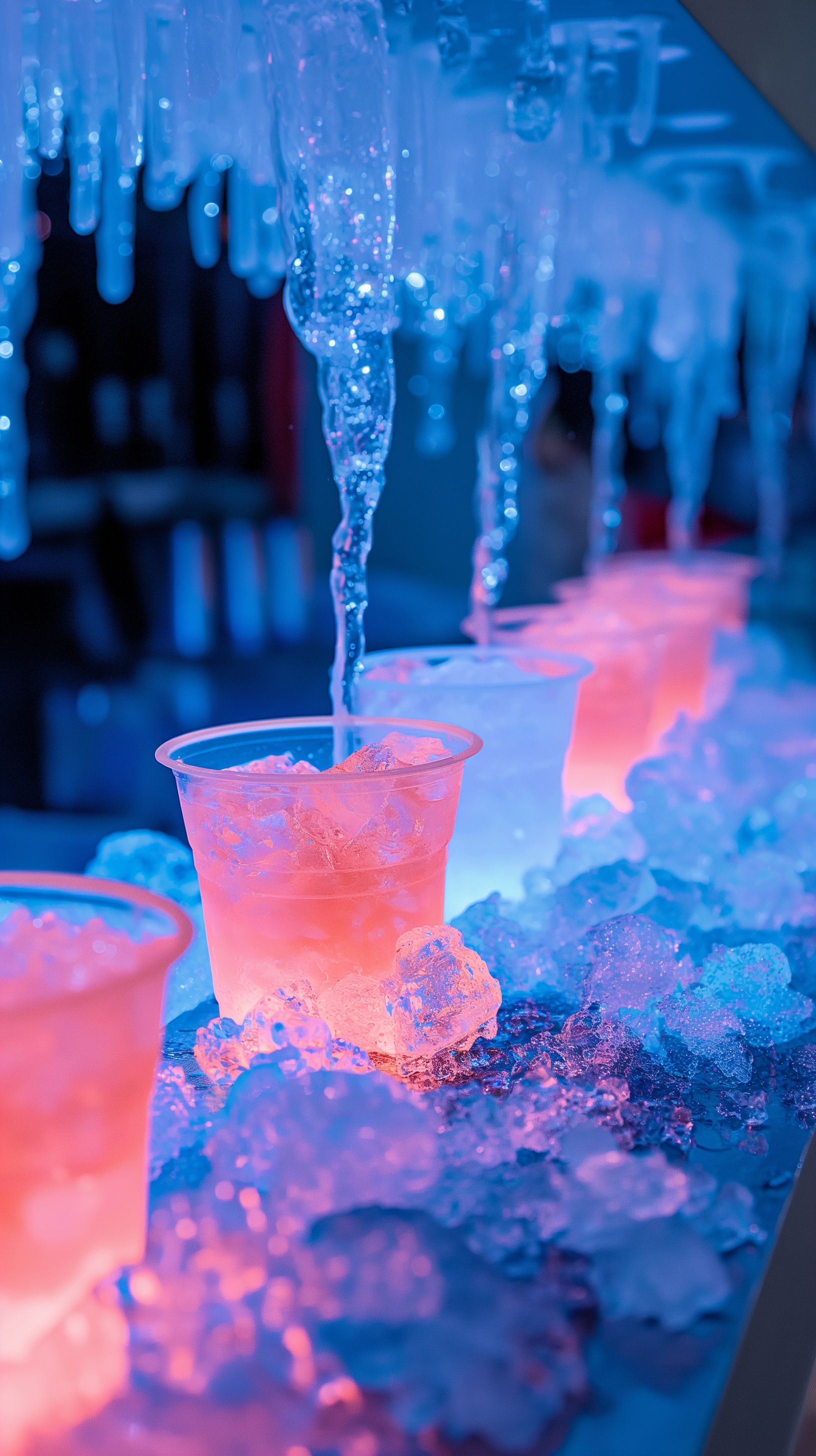 Prompt: a tropical pink and blue slushie sitting under an icy slushy waterfall, pouring into the cups below them, ice themed bar, blue glowing tints, glowing cups highlighting the drinks, close up on drinks --ar 9:16 --v 6.0