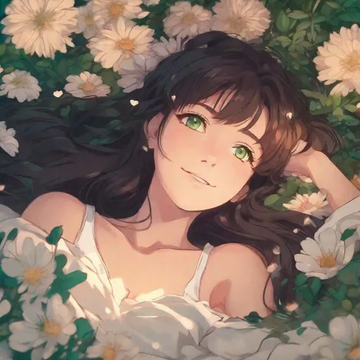 Prompt: close up shot, anime, ghibli, girl, lying in a bed of flowers, headshot, deliriously happy, midnight, moonlight, dreamy filter, brunette, green eyes