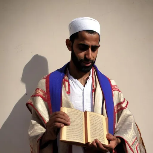 Prompt: Man wearing tallit holding book
