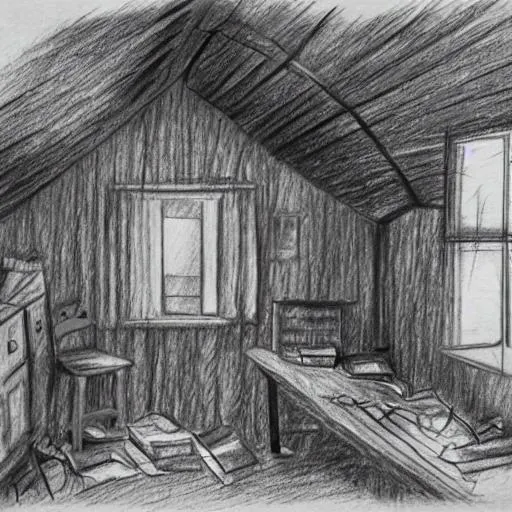 Prompt: a pencil sketch of a small, cluttered with stuff, old, dark attic with bare rafters showing with no windows