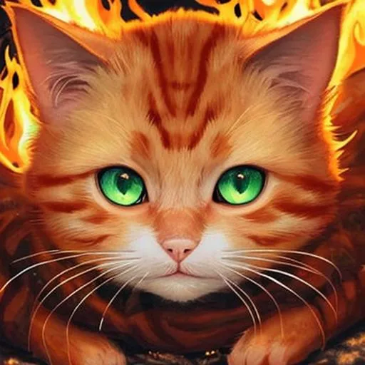 Prompt: cute beautiful ginger cat deep green eyes sprawling under the stars with a fire star on his forehead