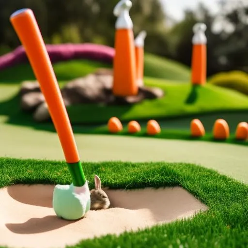 Prompt: Rabbits playing miniature golf with carrots as golf clubs