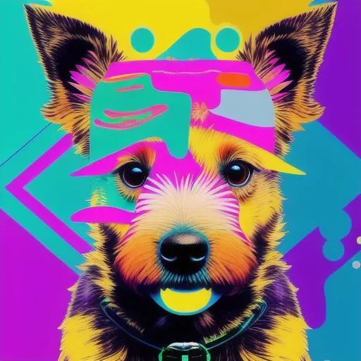 Prompt:  (Australian terrier dog) :
with bright neon colors, glitch art effects, Low saturation, experimental style, and conceptual art direction by banksy, salvador dali, and yayoi kusama