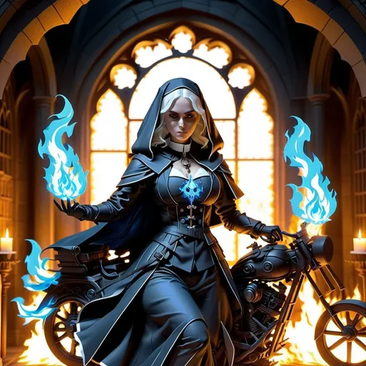 Prompt: 4k UHD anime Nordic Victorian Powerful Female Nun Ghost Rider of Blue Flames with perfect gothic autonomy body shape, arms, legs, feet, hands, toes, fingers, muscular slim tone with abs six pack