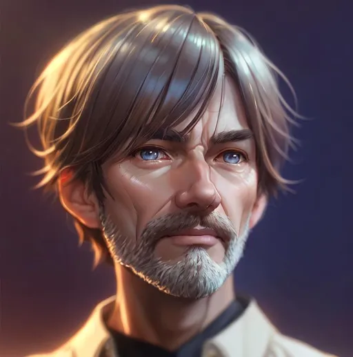 Prompt: Closeup face portrait of middle aged a man, smooth soft skin, big dreamy brown eyes, face no beard ,beautiful intricate colored hair, symmetrical, anime wide eyes, soft lighting, detailed face, by makoto shinkai, stanley artgerm lau, wlop, rossdraws, concept art, digital painting, looking into camera
