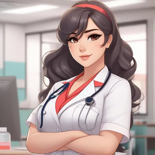 Prompt: Craft an anime waifu character inspired by Latina nurses, radiating compassion and strength. Emphasize her curvy figure with wide hips and thick thighs, while adorning her in a nurse's uniform that elegantly showcases her cultural background. Infuse her appearance with a blend of professionalism, caring, and a hint of flirtatious charm.