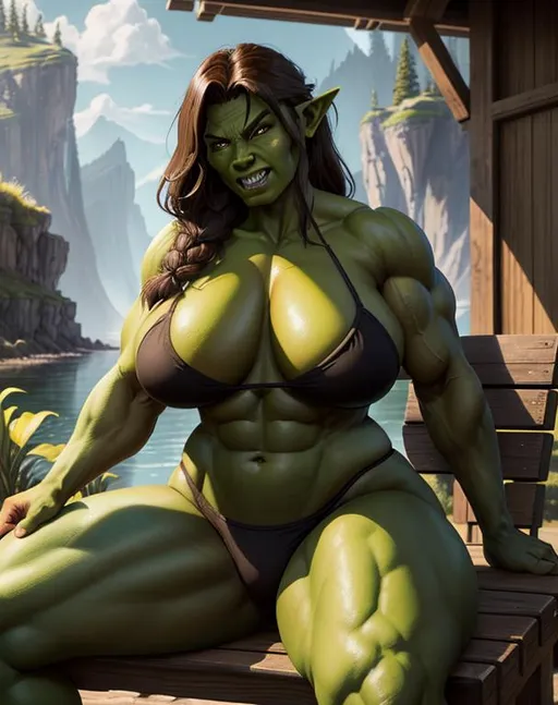 Prompt: oil painting, D&D fantasy, {25 years old}, ({deep green skin}) muscular, extra thick orc woman, green-skinned-female (very tall), sitting on wooden bench, {COLOSALLY BREASTED}, beautiful face, {loose soft brown hair}, short pointed ears, {fanged teeth}, looking at the viewer, {wearing full length cotton robes}, UHD, hd, {64k eyes}, detailed face, {bright wide yellow eyes}, {wide thick feminine lips}, feminine jaw, high cheekbones, long eyelashes, {extra wide hips}, thick thighs, broad shoulders, {large buttocks}, deep green skin, intricate details, insanely detailed, masterpiece, cinematic lighting, 8k, 64k, octane render, volumetric lighting, unreal 5, artwork, concept art, cover, top model, light on hair, colorful glamourous hyperdetailed rocky mountain background, ultra-fine details, hyper-focused, deep colors, dramatic lighting, hyper detailed eyes | by sakimi chan, artgerm, wlop, pixiv, tumblr, instagram, deviantart