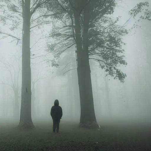 Prompt: Lonely long hair man in fog forest