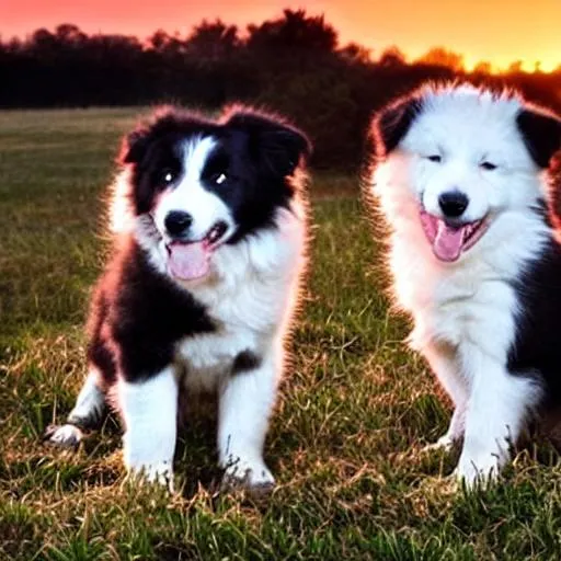 Prompt: pretty border collie puppies with a sunset
