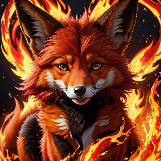 Prompt: (8k, 3D, UHD, ultra sharp, very detailed, masterpiece, detailed oil painting) portrait of fire elemental ((fox)), (canine quadruped), adolescent female, silky crimson-red fur, emerald green eyes, 8k eyes, youthful, lively, lithe, black fur highlights, long silky hair on crest, (plump), umber red mane, solid red belly, beautiful charming grin, graceful, wispy brown ears, wispy ruby-red mane flowers on fur, snow-capped trees, complementary colors, fur dusted with snow, forest, silky bushy tail, billowing mane, professional, unreal engine, dynamic, highly detailed, detailed smiling face, 4k, 64k, UHD
