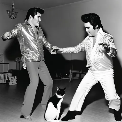 Prompt: elvis dancing with simon the cat