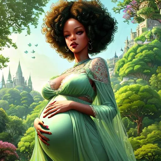 Prompt: Rihanna, pregnant,  full body, Hyper realistic, detailed face,casting spells, battlefield ethereal light green lace royal princess two piece dress, floating city in background, jewelry set curly soft hair, butterfly's and trees in the background, royal vibe, highly detailed, digital painting, HD quality, brown skin, artgerm, by Ilya Kuvshinov 
