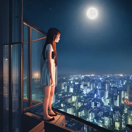 Prompt: A girl standing in skycrapper balcony in moonlit night