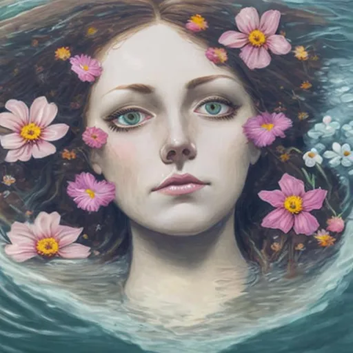 Prompt: Ophelia drowning eyes open, flowers in water,facial closeup