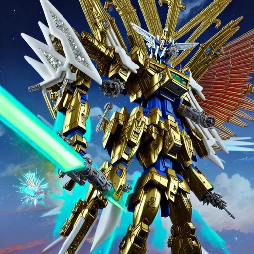 Prompt:  highly detailed godly supreme gundam with supreme sword and pegasus in the back beaming enemy, earth apocalypse, rhads, beeple, alphonse mucha, symmetric cross, clever global illumination, highly detailed and intricate environment, explosion of crystals, big cross symbol, luscious green forest ,  CHURCH background crystals, madhouse studio.