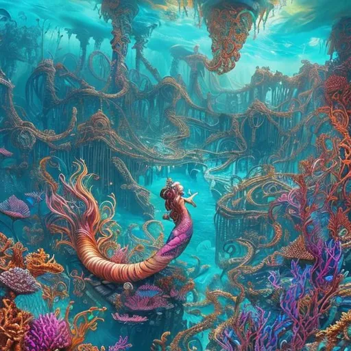 Prompt: Vibrant and colorful art of an underwater kingdom of mermaids, with long, flowing hair and tails that shimmer in the sunlight. Coral reefs with bright colors and intricate patterns. Sunken ships  in realistic detail.
