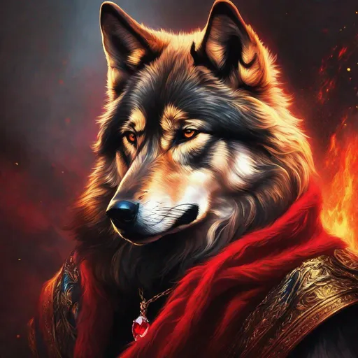 Prompt: Epic red and black wolf, beautiful portrait, wearing gold necklace with ruby jewel, cloaked In fire, epic wolf, fanart, deviantart, masterpiece, anime, oil pastel painting, rich oil medium, full body portrait, soft fur, high quality fur, best quality, presenting magical jewel, magic gold fur highlights, zoomed out view, cinematic, 8k, UHD, highly detailed, extremely beautiful, whimsical, 8k eyes, intricate facial detail, highly detailed fur, complex background, highly detailed background