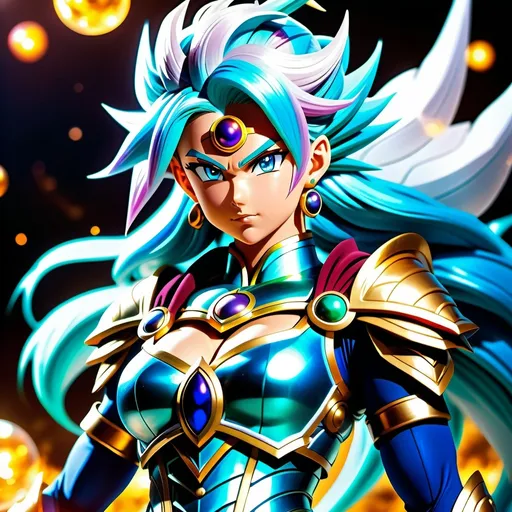 Prompt: Anime illustration of a divine Nordic Victorian dragon ball super warrior woman, perfect body shape, full body view, powerful aura, ethereal beauty, detailed armor and ornate attire, mystical dragon companion, intense and focused gaze, vibrant colors, highres, ultra-detailed, anime, fantasy, powerful, divine, Nordic Victorian, dragon ball super, warrior, detailed armor, mystical dragon, vibrant colors, full body view, ethereal beauty, professional, atmospheric lighting