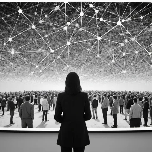 Prompt: show me a black and white image where a person is looking at a wall screen that is showing a massive network of people
