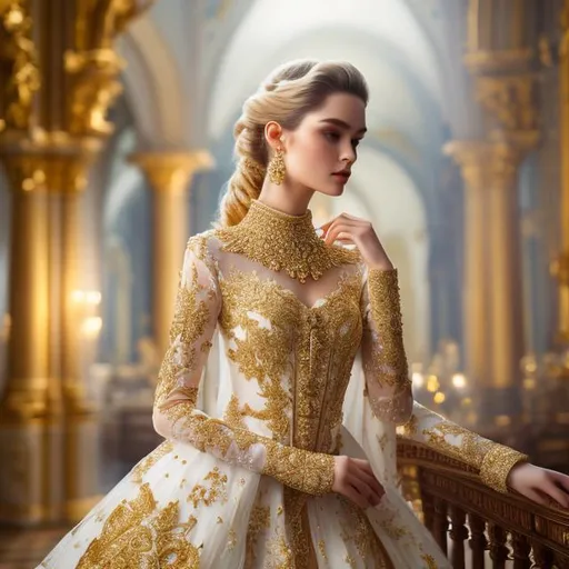 Prompt: beautiful photograph of most beautiful fictional, fashion model, goodnes, heavenly, royal, White and golden, extremely, detailed environment, detailed blur background, intricate, detailed skin, natural colors , High-resolution, professionally color graded, photorealism, 8k, moody lighting.