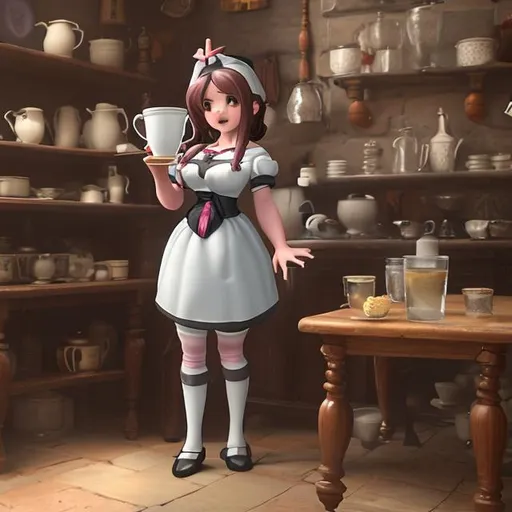 Prompt: shrunken maid woman stands next to gaint cup on gaint table