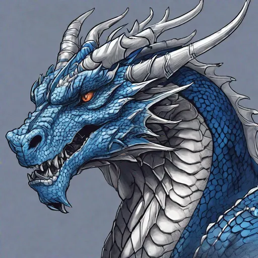 Prompt: Concept design of a dragon. Dragon head portrait. Coloring in the dragon is predominantly deep blue with silver streaks and details present.