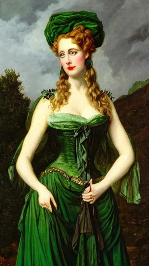 the young woman posing in a green gown with gold details