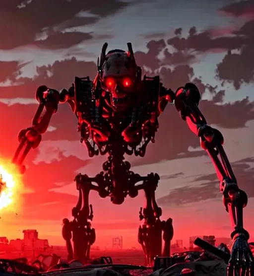 Prompt: a giant skeleton mech with glowing red eyes standing in front of a destroyed city in a wasteland. hyper-realistic, sharp, dramatic, day time, 