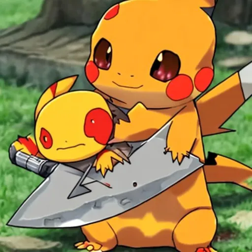 Prompt: charmander stabbing pikachu with knife
