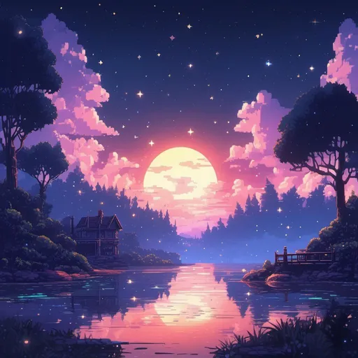 Prompt: Beauiful background level of a 2D Sega Genesis game, video game art, pixel art, concept art, starry sky, dreamy and romantic, ultra detailed, natural lighting, trending on artstation