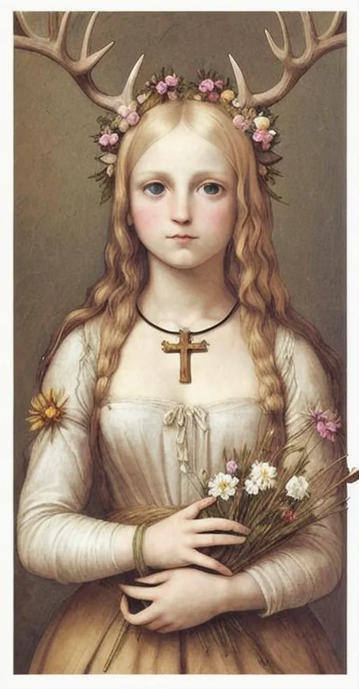 Prompt: Blond girl with flowers in her hair, antlers, crucifix around her neck, wearing a dress, holding a bible, flora growing all around her, in the art style of Titian