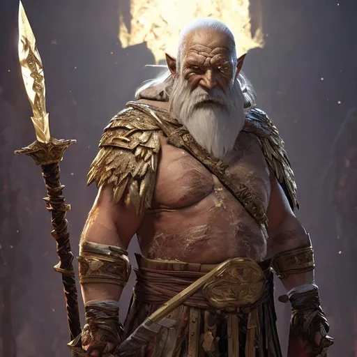 Prompt: old man gold, Tall,   very white scarred skin, covered in bandages, gold tattered cloth armor exposes his midriff, hood of magical mask like,  large gold gem between pecs in chest, Barbarian, Strong, wielding large two-handed great-axe, Fantasy setting,