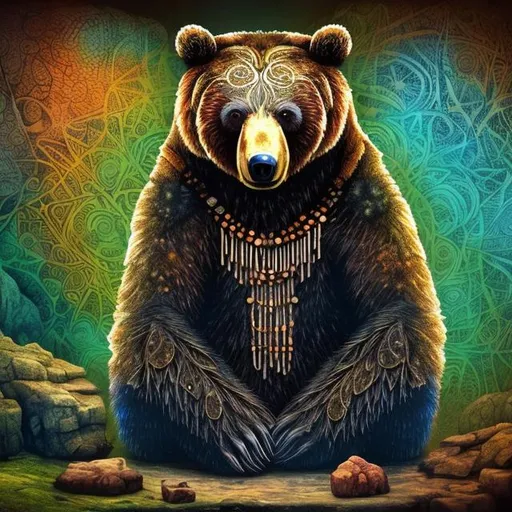 Prompt: A bear shaman sitting on a thone in a cave. he has patterns on the skin. There are psychedelic Patterns in the background. paleolithic cave paintings. Photorealistic. 