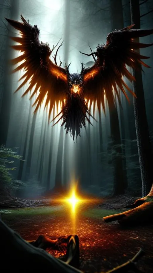 Prompt: Light within darkness, beautiful holy God fighting Satan, devasted forest, photorealistic