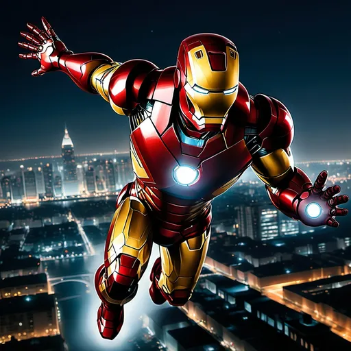 Prompt: Iron Man flying over a cityscape at night.