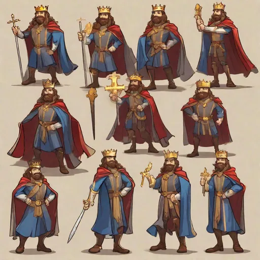 Prompt: king arthur, multiple poses, expressions and body language, cartoony style, portrait king as a proud strong man, long hair, thick beard, wearing royal clothes, his crown is golden has three crosses, blue eyes, his face is serious, realistic body shape, full color, brown hair, red royal mantle with golden details, grey royal shirt with golden details, dark shoes, flat color, full body visible in all variation, detailed face
