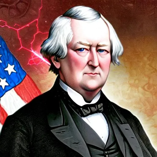 Prompt: a zoomed in picture on president Millard Fillmore. He is a super hero of America. His eyes are glowing red and blue with lasers. Light and super powers of super heroes around him